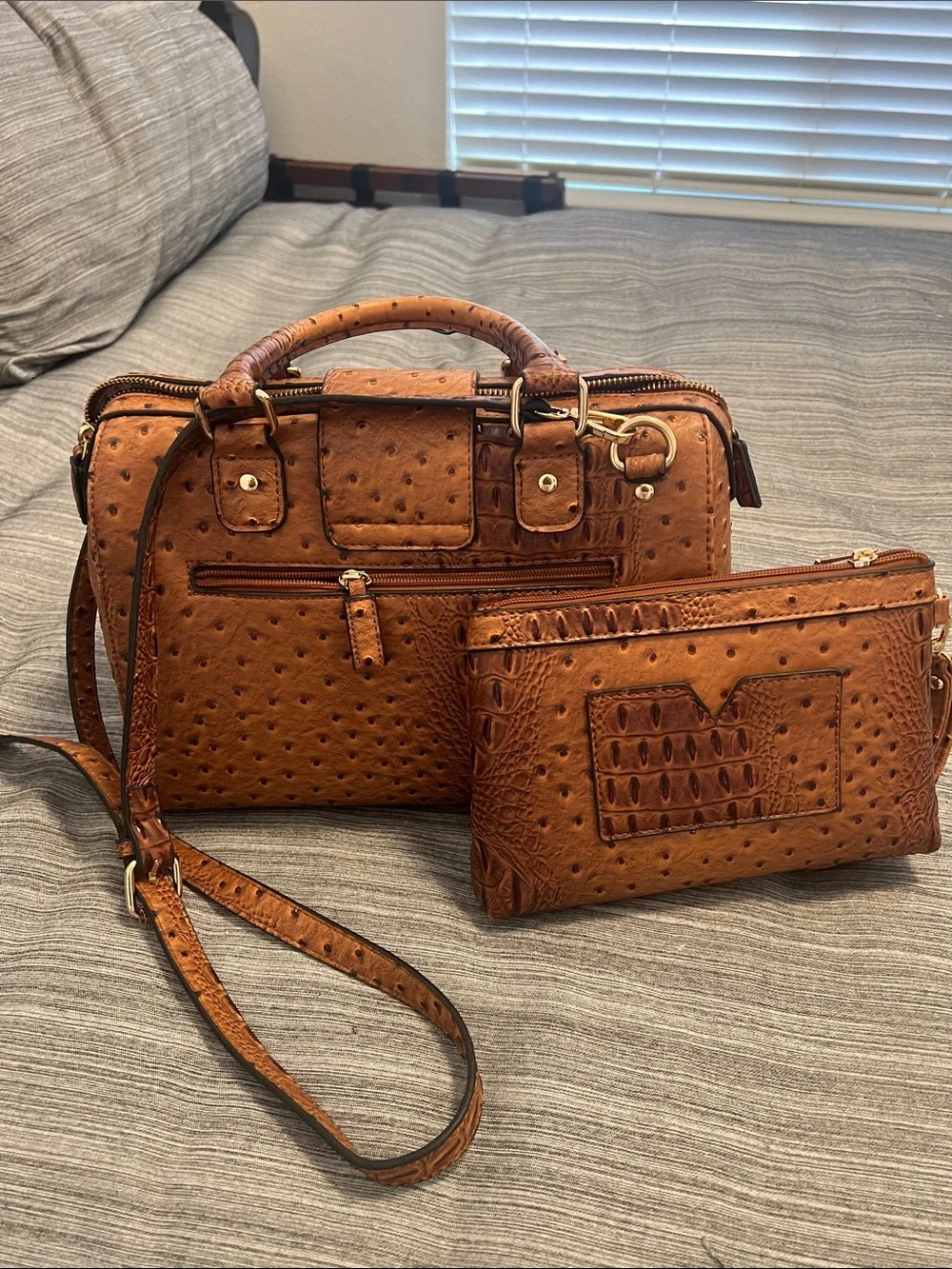 Structured Cognac Faux Ostrich & Croc Satchel with Gold Hardware